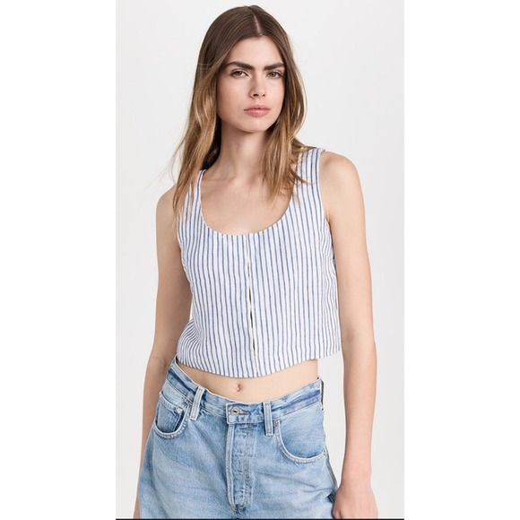 Madewell Scoop Neck 100% Linen Hook+Eye Crop Striped Tank Top US Women's 10 New - Picture 1 of 7